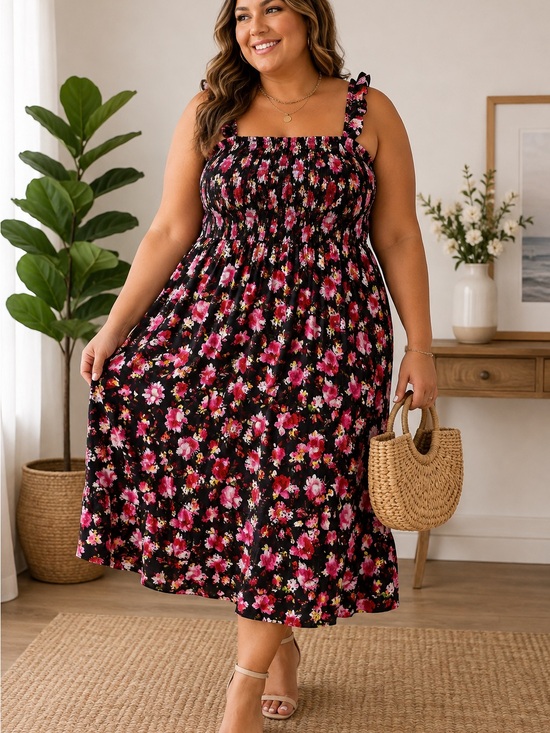 Coco &Shay Dresses & Skirts - Plus Size 3X Floral Smocked Midi Dress Black Pink Boho Cottagecore